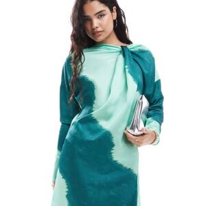 ASOS DESIGN twist neck fallen sleeve satin maxi dress in blurred green stripe